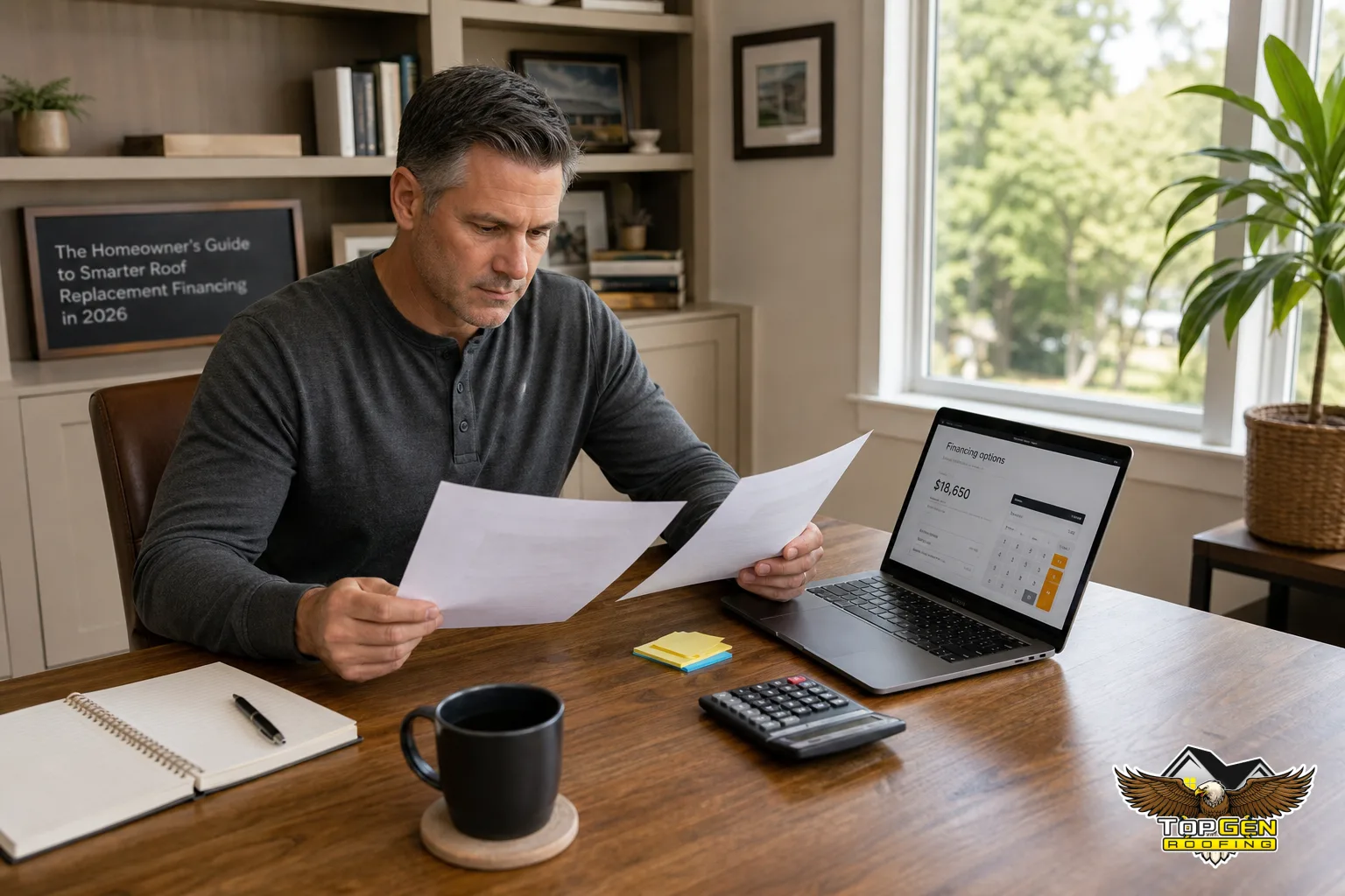 Practical Financing Options Improvements — homeowner comparing printed loan offer documents side by side at a home office desk, pen in hand, laptop open to a calculator, well-lit suburban home office setting