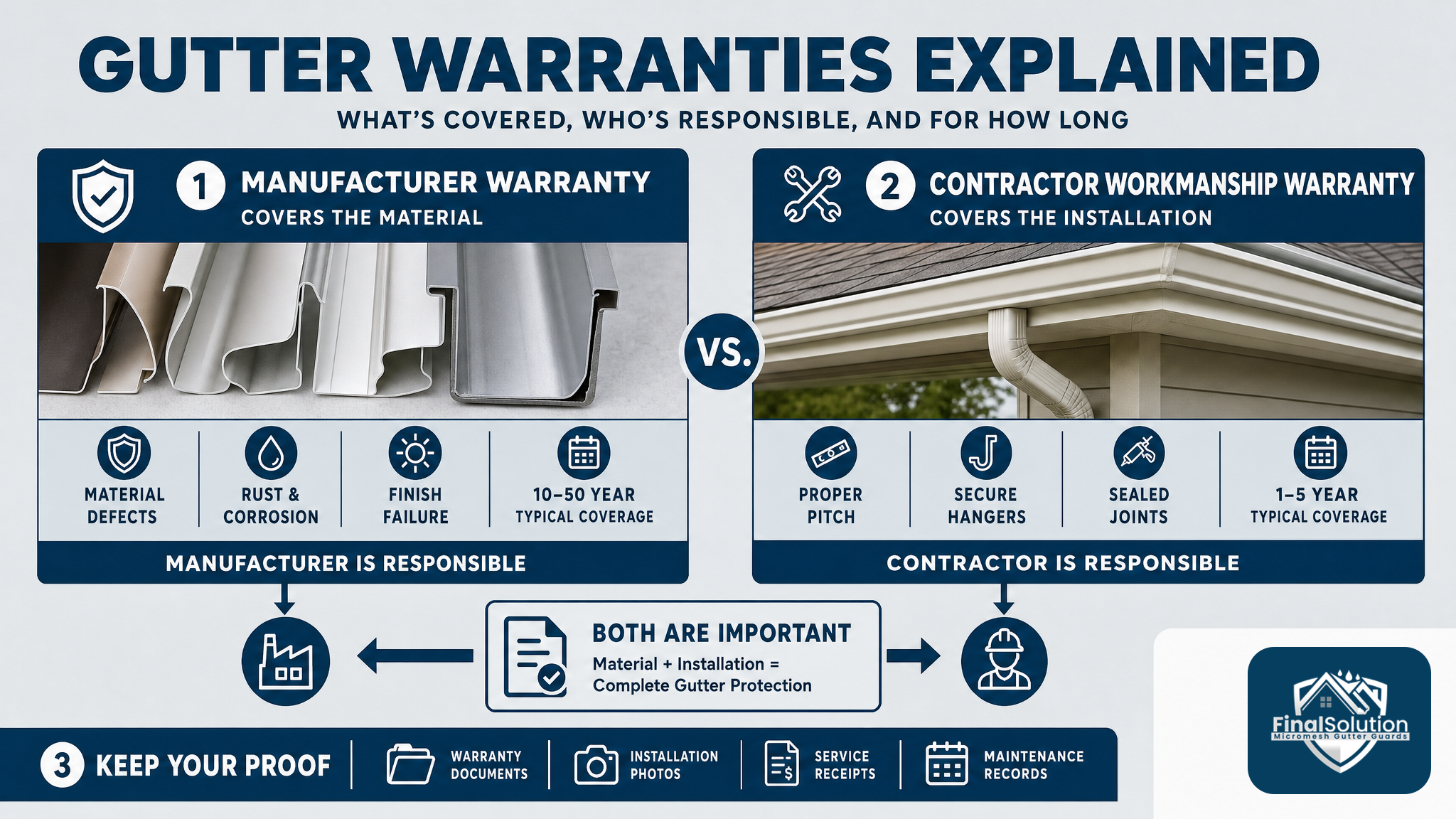 Tools, Examples, and Proof Points — infographic: gutter warranty types comparison — two-column layout showing Manufacturer Warranty (material defects, rust, finish failure, 10-50 year typical coverage) vs Contractor Workmanship Warranty (installation quality, pitch, hangers, sealing, 1-5 year typical coverage), arrows indicating what each party is responsible for