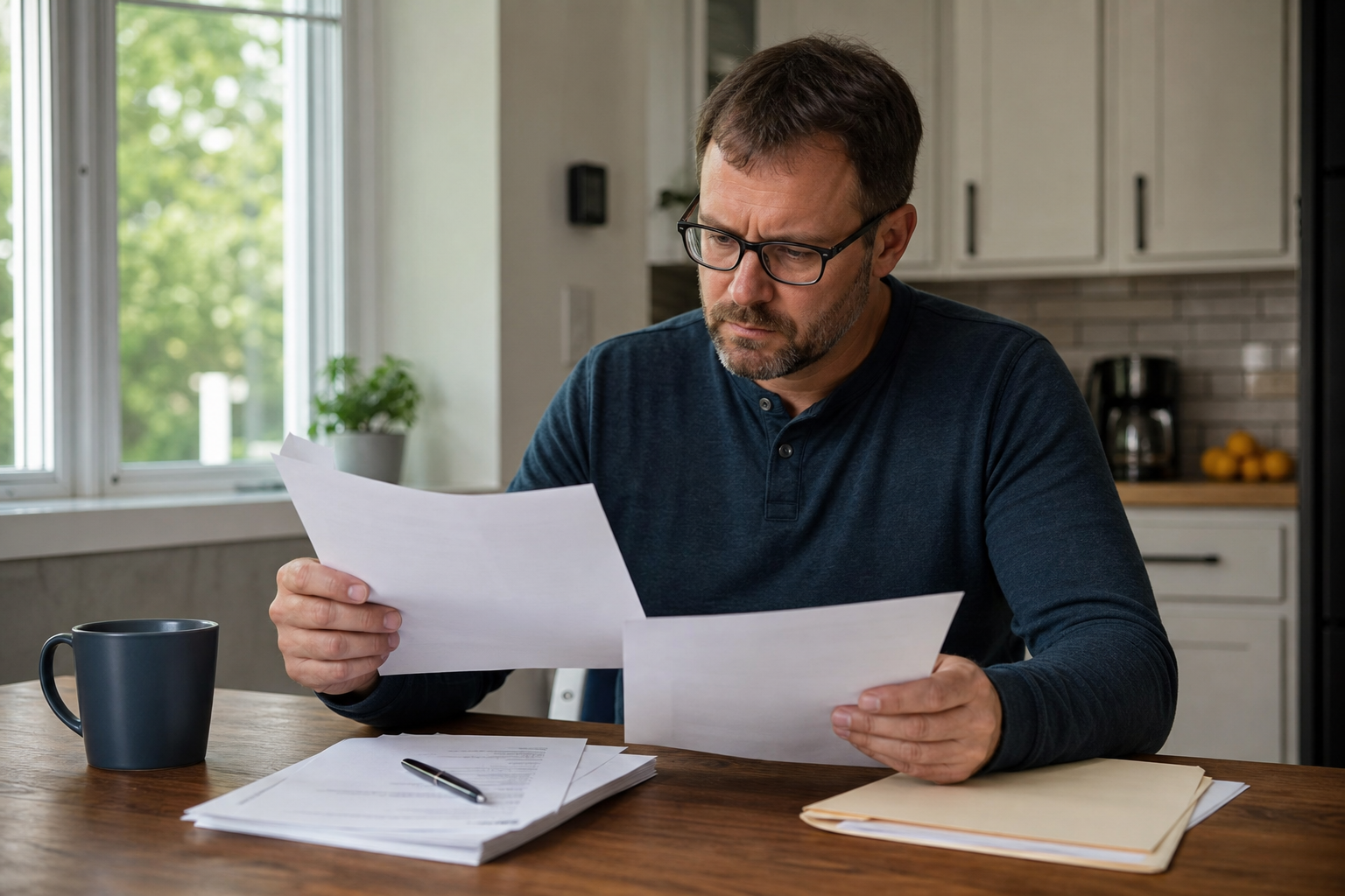 Common Gutter Warranties Explained What Mistakes to Avoid — homeowner reviewing paper gutter warranty documents at a kitchen table, printed contract pages, pen in hand, natural window light