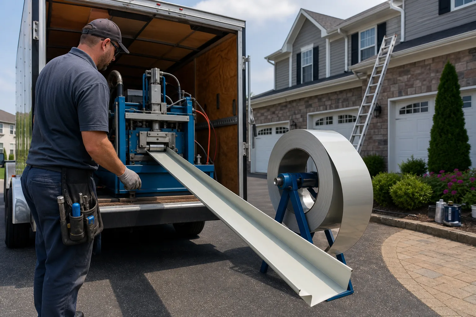 How Seamless Gutters Eliminate Leaks at the Source — Gutter roll-forming machine on a residential driveway extruding a continuous aluminum seamless gutter channel, with coil of raw aluminum material visible beside the truck