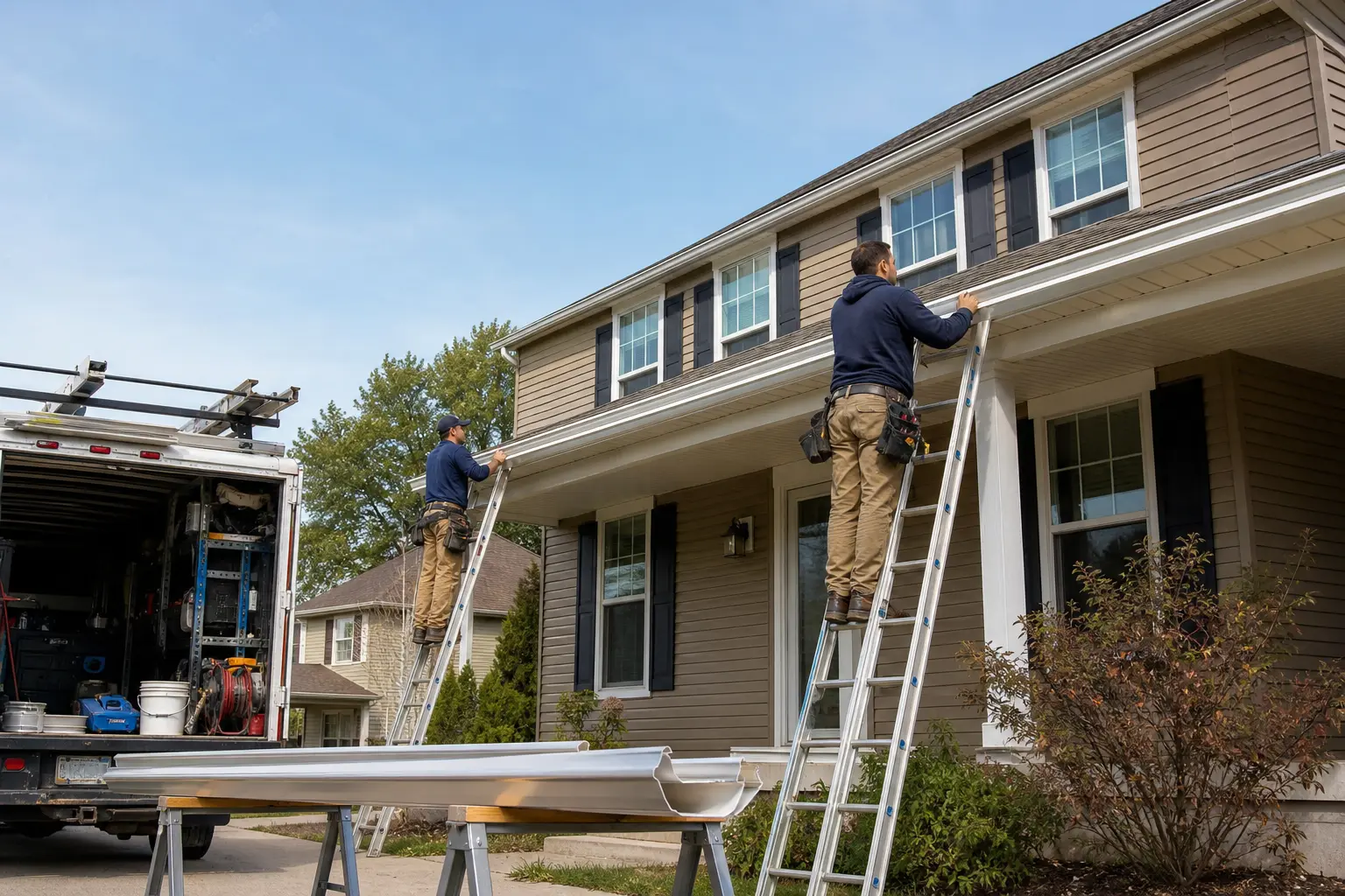 Next Steps: Getting a Seamless Gutter Assessment — Two-person gutter installation crew on extension ladders securing aluminum seamless gutter sections along the fascia of a two-story suburban Albany home, mid-morning light, clean neighborhood background