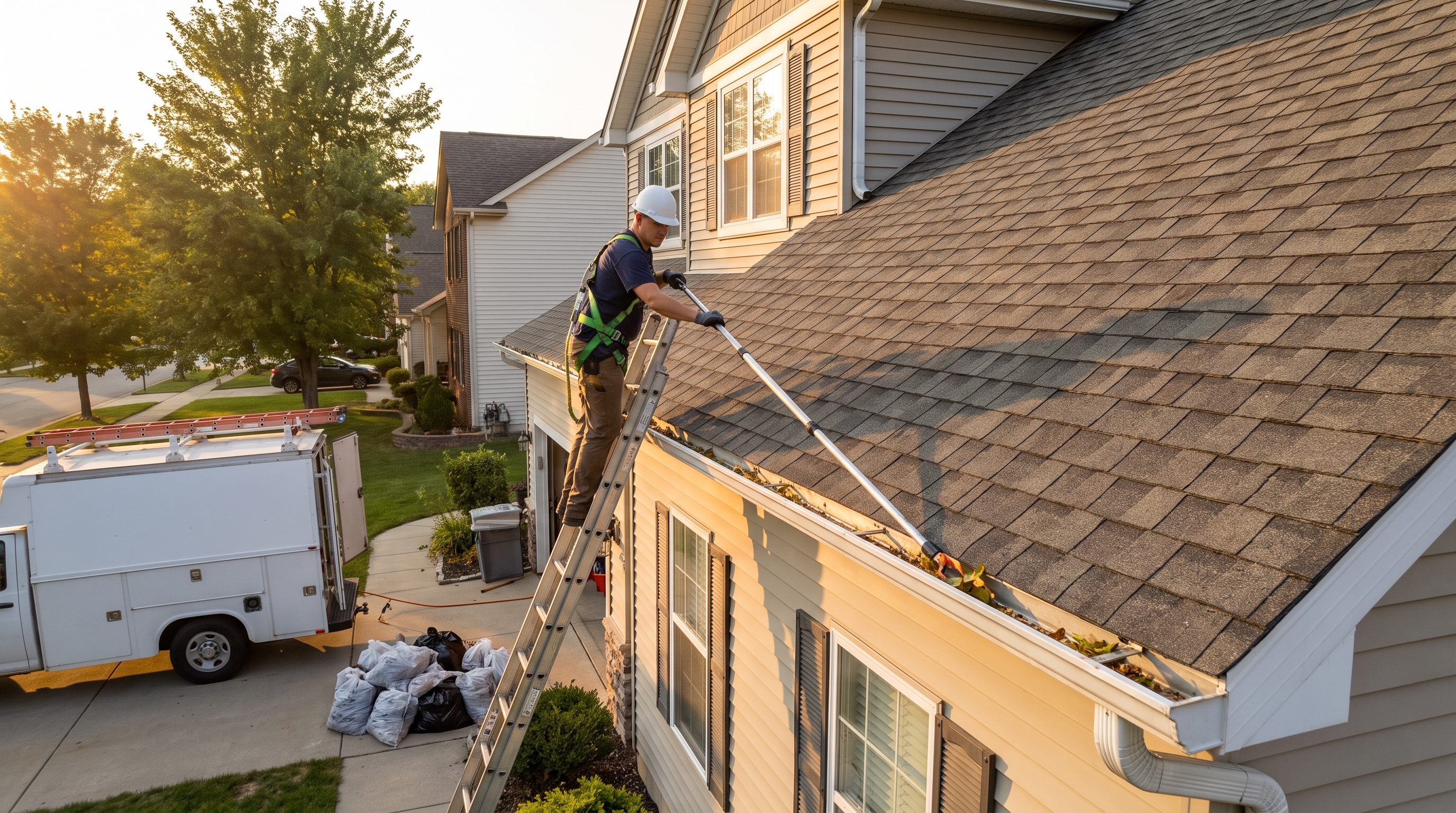 Gutter system — Common Gutter Cleaning Mistakes to Avoid. Candid editorial photo, three-quarter view of the workspace at an on-site roofing environment with trade-specific tools, materials, and surroundings, warm golden-hour sunlight, a technician on the roof, ladder, or ground at a believable height. (AI-generated)