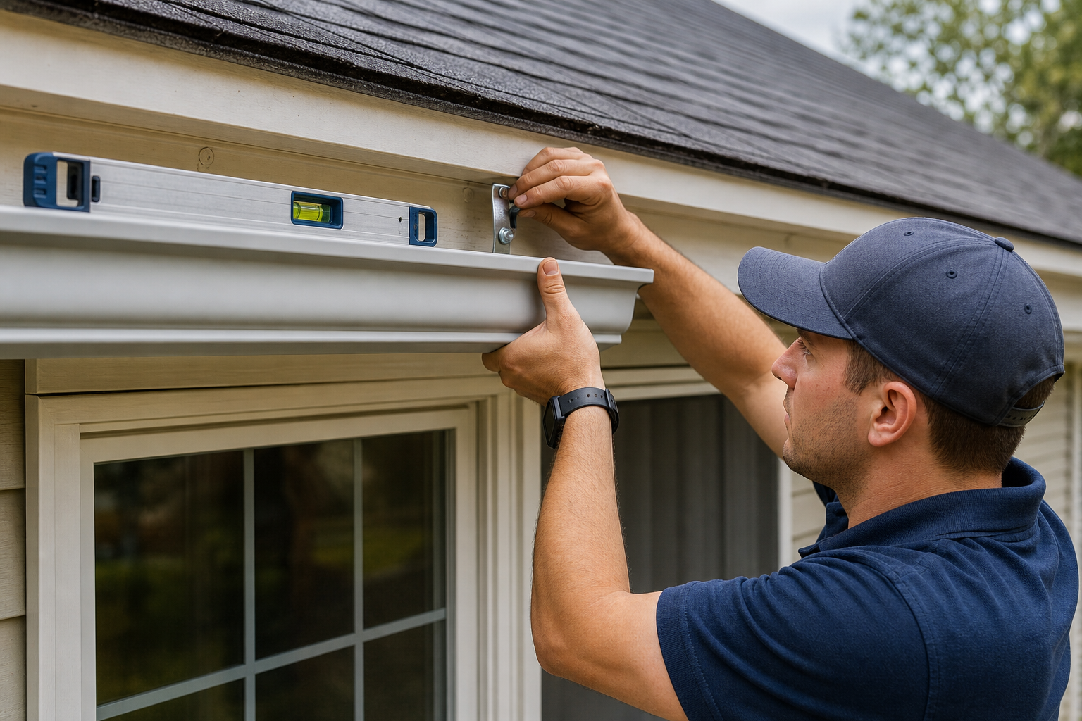 Why Gutters Sag: Six Primary Causes — ground-level view of a gutter installer adjusting a hidden hanger bracket along the roofline of a suburban home, with a level tool visible and fascia board in background