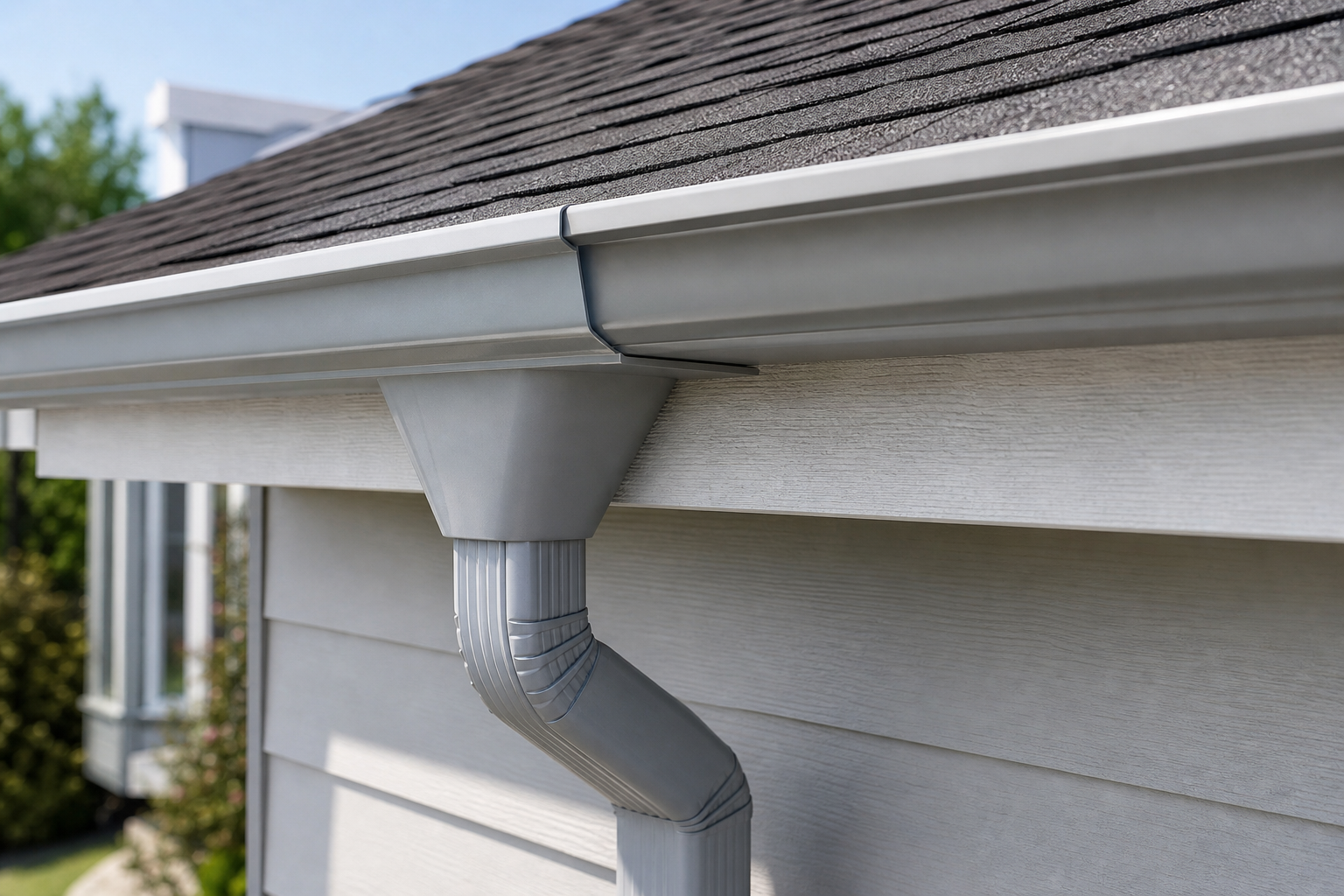 Downspout Sizing and Placement Standards — close-up of aluminum seamless gutter channel showing proper slope angle toward downspout outlet, fascia board visible, suburban home exterior, clear daylight