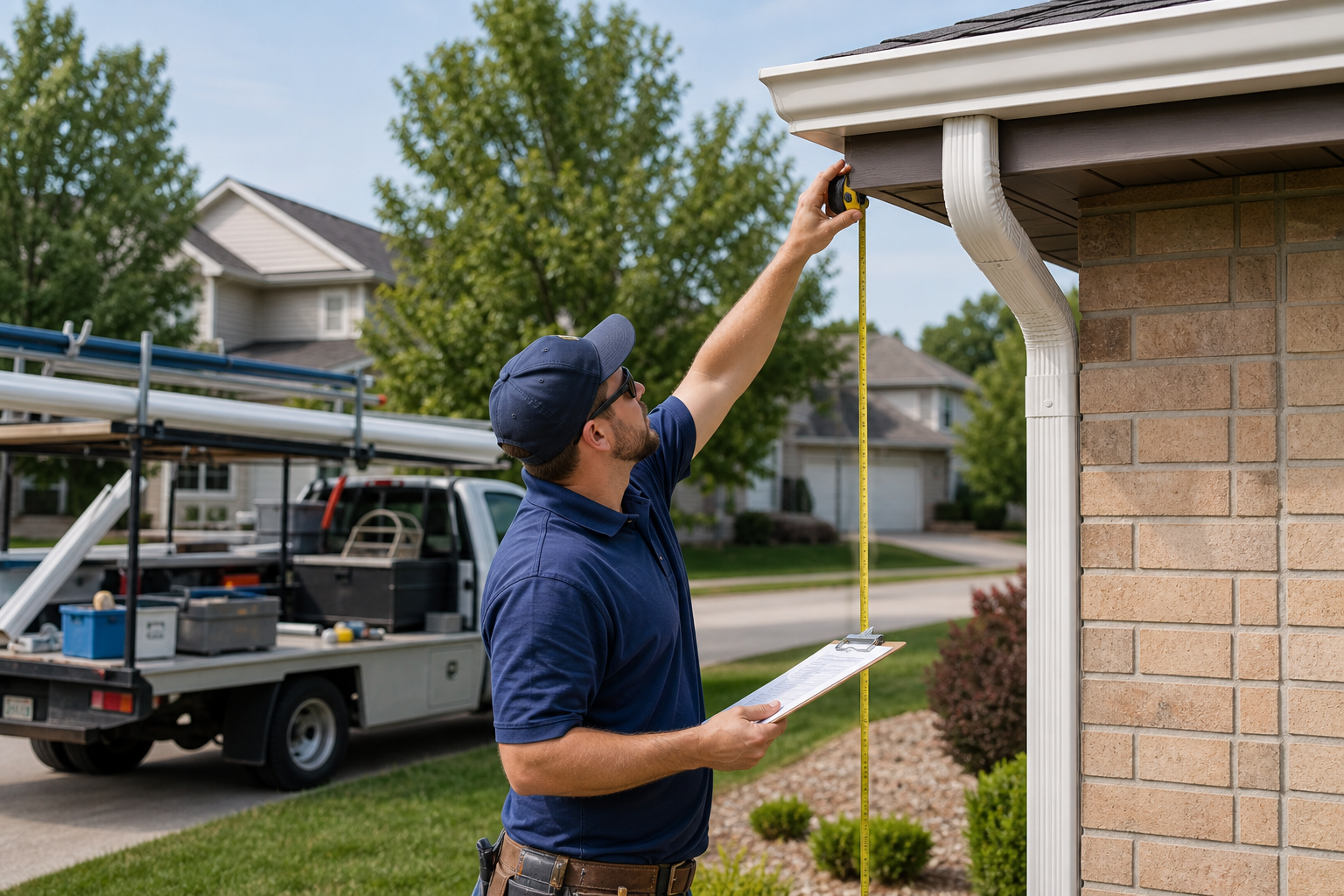 Getting Your Seamless Gutter and Downspout System Right — Final Solution Gutter Guards ROC professional measuring seamless gutter run on suburban Rochester home exterior, clipboard in hand, white downspout and brown fascia board visible, clear afternoon light