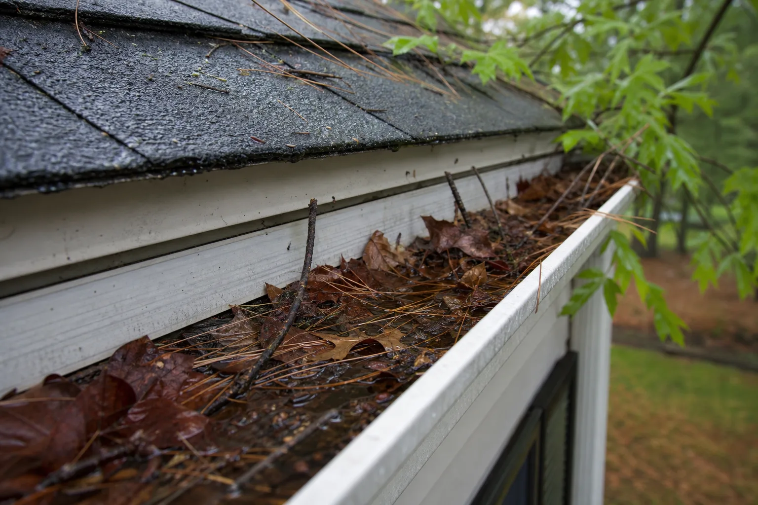 How Overhanging Branches Damage Gutters — Close-up of an aluminum residential gutter packed with wet compacted leaves, pine needles, and small twigs, water pooling inside, fascia board visible in background, suburban home exterior