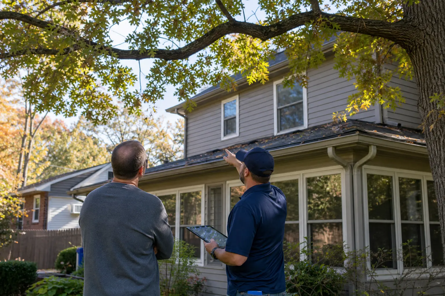 Next Steps for Albany Homeowners — Homeowner standing on ground in backyard looking up at roofline with large oak tree branches extending over the gutters, autumn afternoon light, suburban Albany neighborhood, two-story home visible above