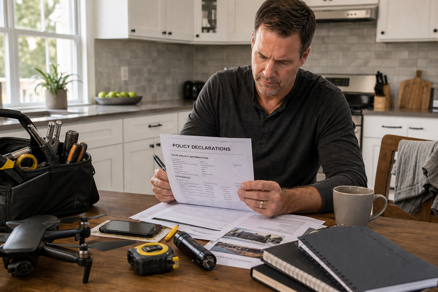 Filing Your Claim: What to Expect — homeowner reviewing printed insurance policy documents at kitchen table, policy declarations page visible, pen in hand, natural window light, coffee mug beside papers