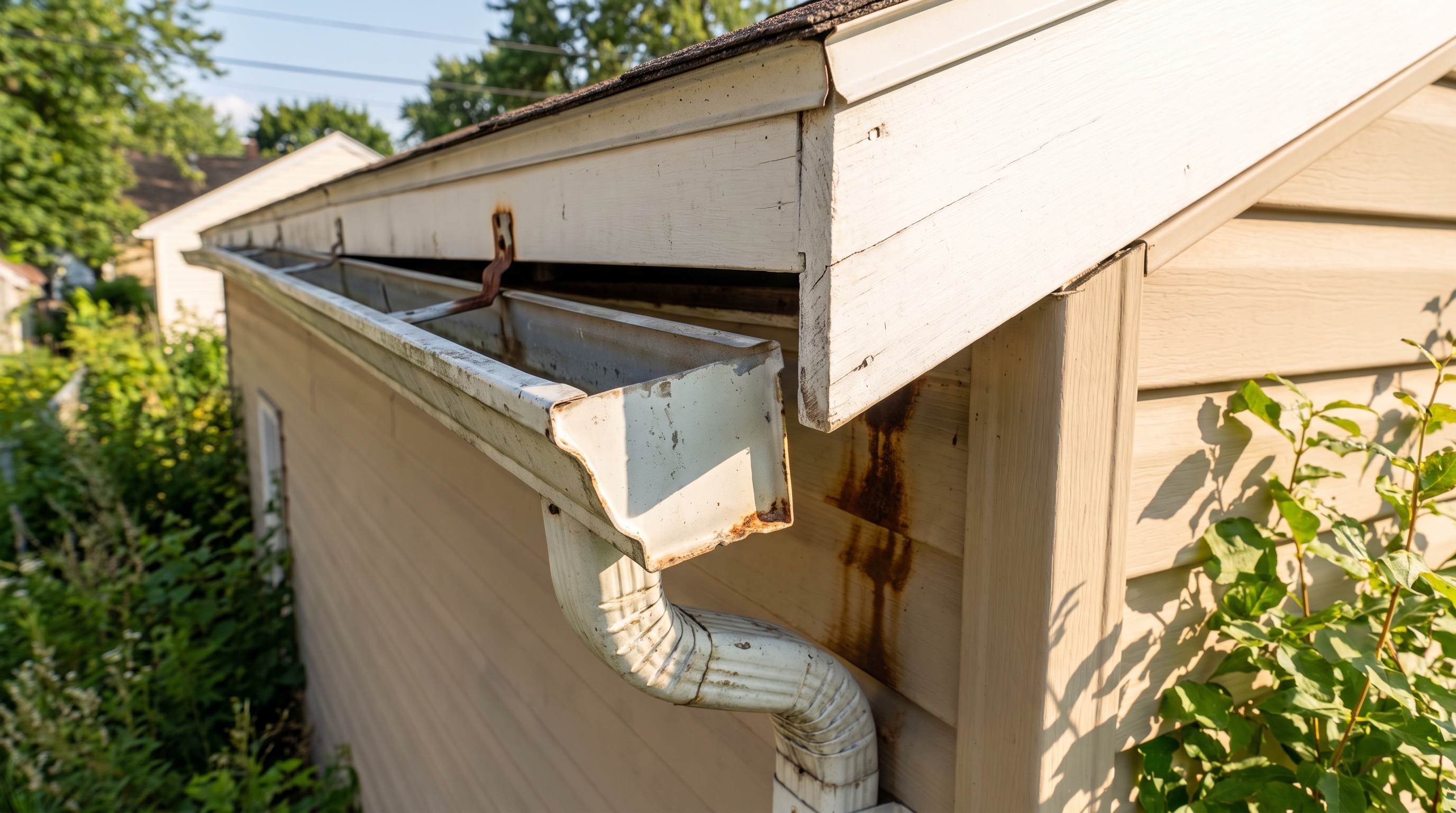 Common Summer Gutter Maintenance Mistakes to Avoid — A close-up of a sagging gutter section pulling away from a fascia board on a tan vinyl-sided home, showing visible gap and rust staining below (AI-generated)