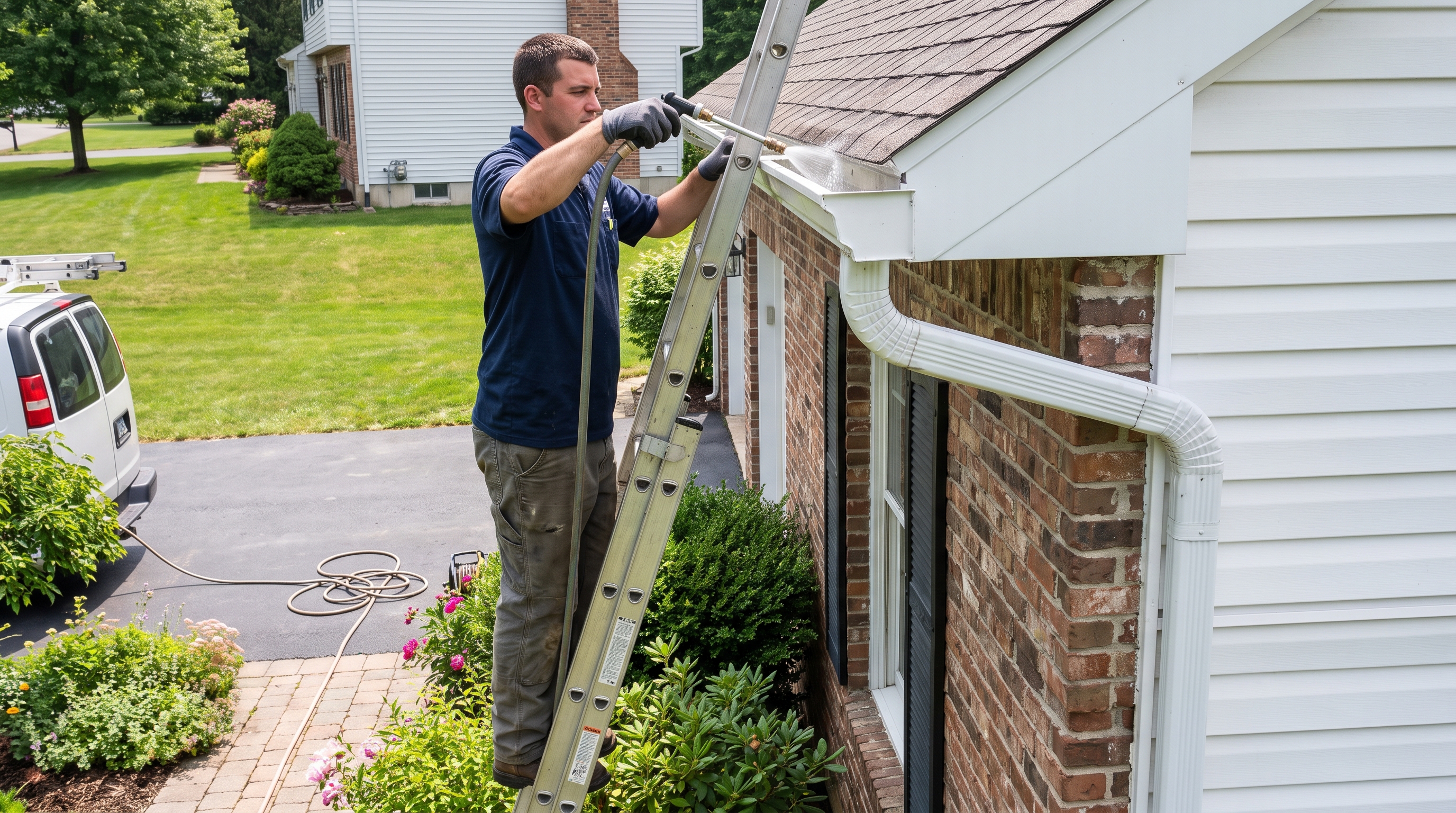 Tools, Examples, and Proof Points — A professional gutter technician in navy work shirt using a garden hose with a spray wand to flush a clean white aluminum gutter on a two-story colonial home, driveway and landscaping visible below (AI-generated)