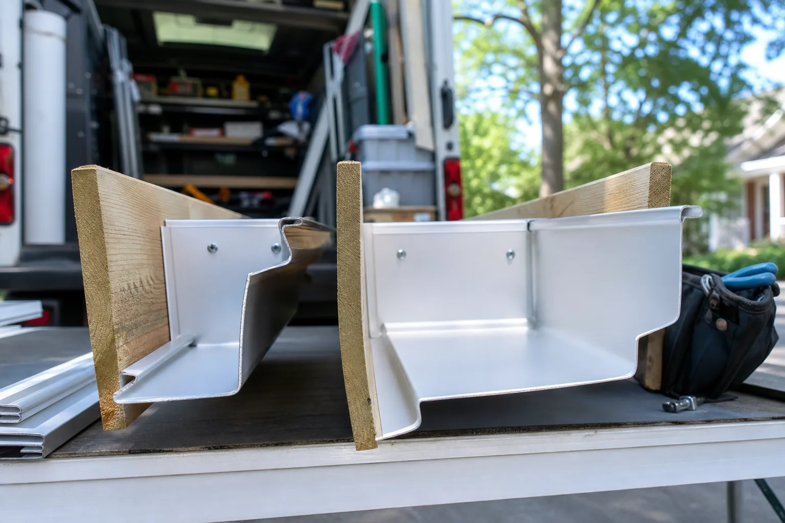 Factors Beyond Width That Affect Gutter Performance — side-by-side close-up of a 5-inch aluminum K-style gutter and a 6-inch aluminum K-style gutter mounted on a wood fascia board, showing the difference in width and depth, natural daylight