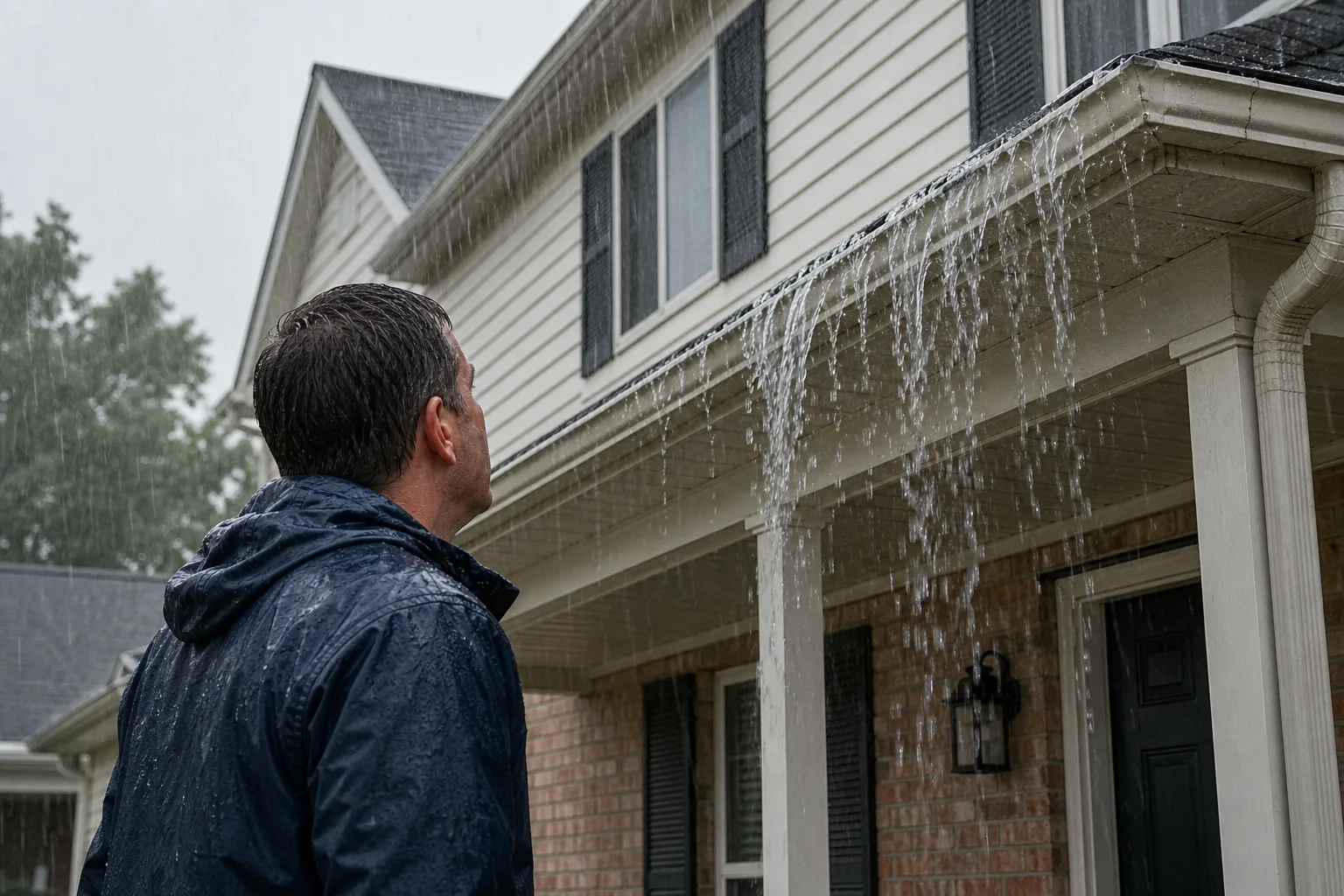 Why Gutter Size Matters for Your Home — a homeowner standing in a driveway looking up at an overflowing aluminum gutter on a two-story colonial home during a heavy rainstorm, water cascading over the front edge of the gutter near the fascia