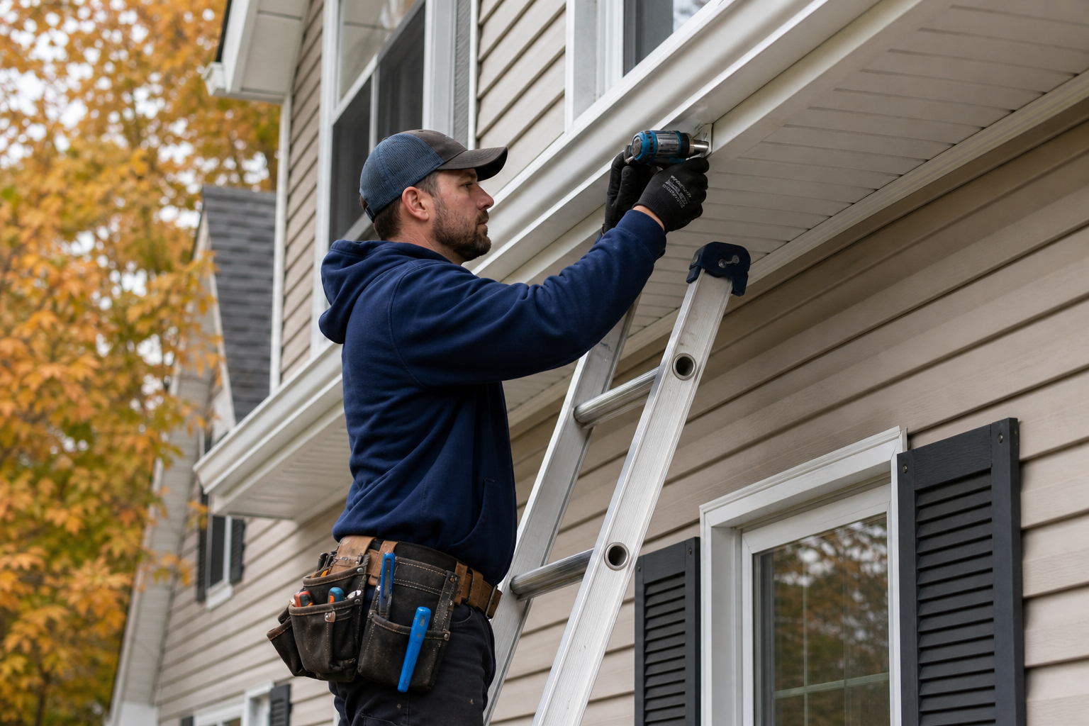 Comparison and decision guide — professional gutter contractor installing seamless aluminum gutters on a two-story Webster New York home, white ladder against tan vinyl siding, clear autumn afternoon, downspout bracket being secured to fascia