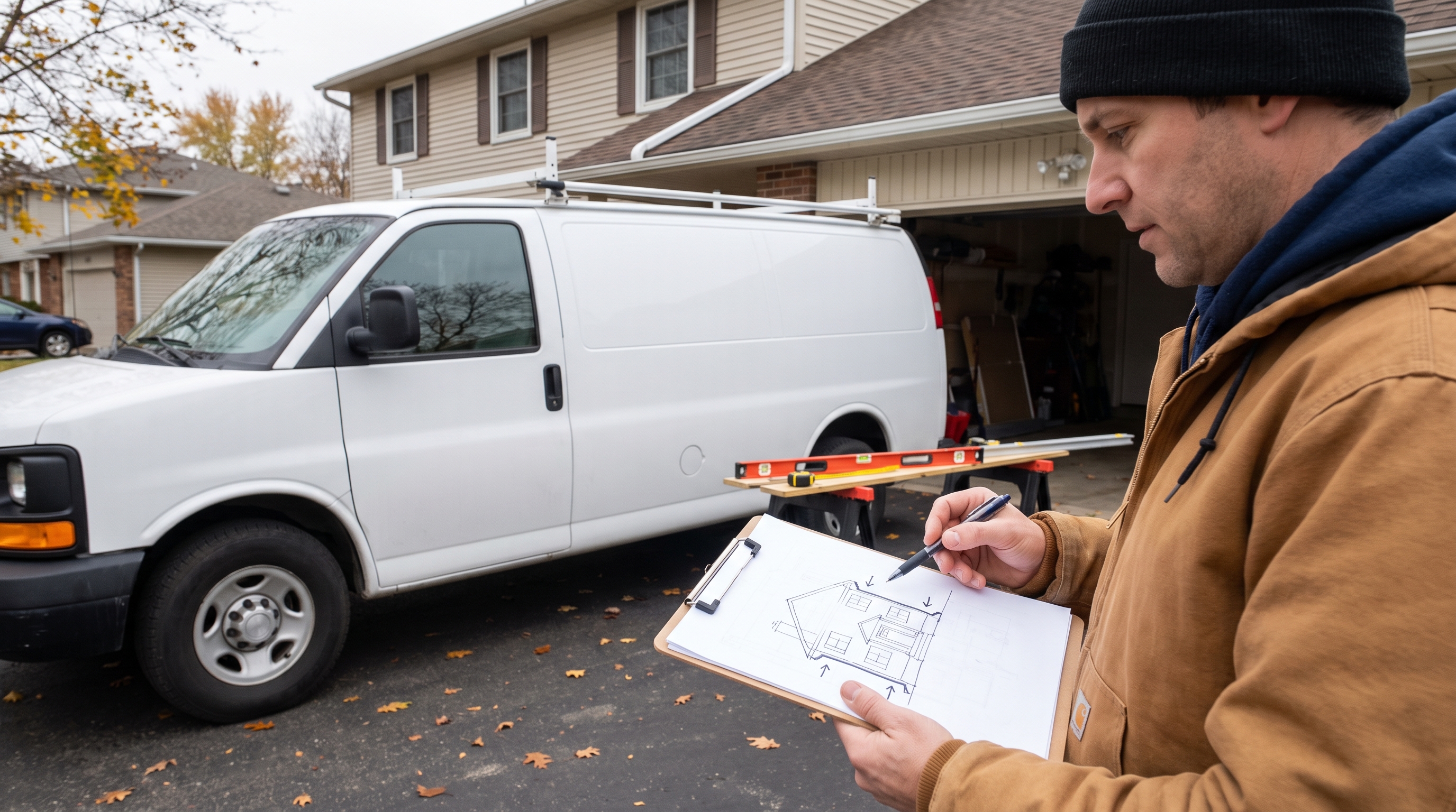 Timeline, Cost, and When to Call a Pro — Licensed gutter contractor reviewing downspout placement plan on clipboard beside a white panel van parked in a residential driveway, overcast autumn sky (AI-generated)