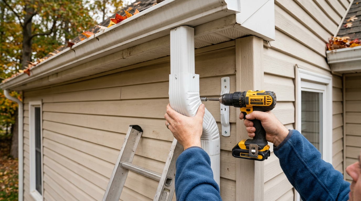Step-by-Step Walkthrough — Close-up of white aluminum downspout elbow being screwed into wall bracket on a beige suburban house exterior, autumn leaves visible on roofline above (AI-generated)