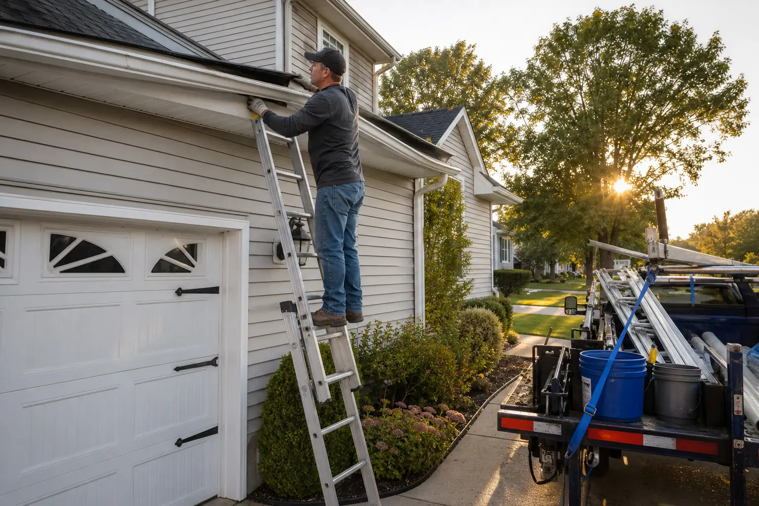 Common Installation Mistakes That Cause Sagging — homeowner on a ladder positioned against a two-story residential home, examining a sagging aluminum gutter section pulling away from the white fascia board, ladder feet visible on ground, late afternoon light