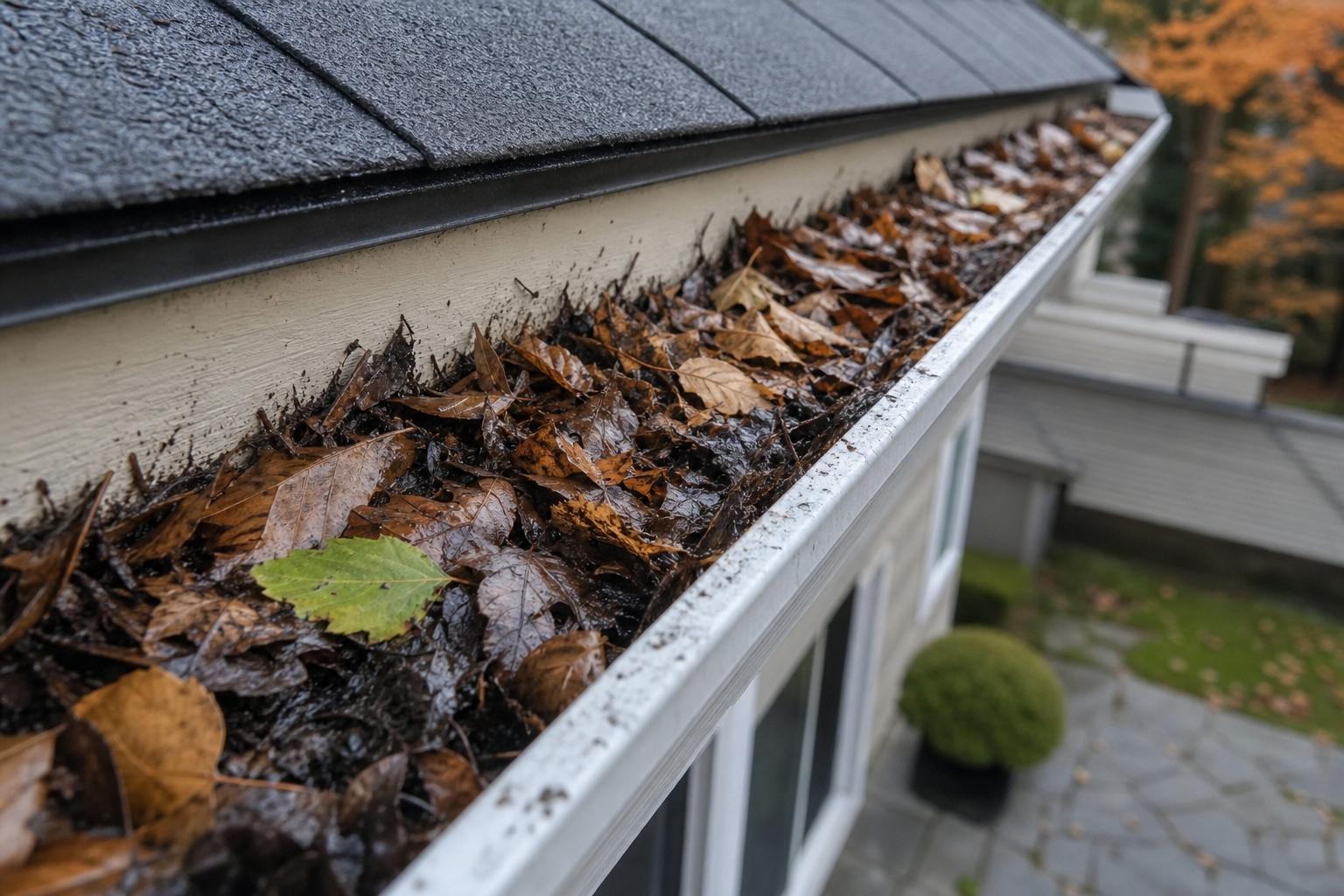 Recommended Gutter Cleaning Schedule by Season — close-up of a clogged residential gutter packed with wet autumn leaves, dark compacted debris, aluminum gutter trough, fascia board visible behind, overcast daylight