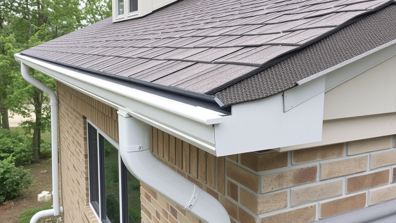 Side-by-side comparison — professional gutter technician flushing a downspout with a high-pressure hose on a two-story Albany home, autumn leaves scattered on lawn below, white aluminum seamless gutter visible along roofline