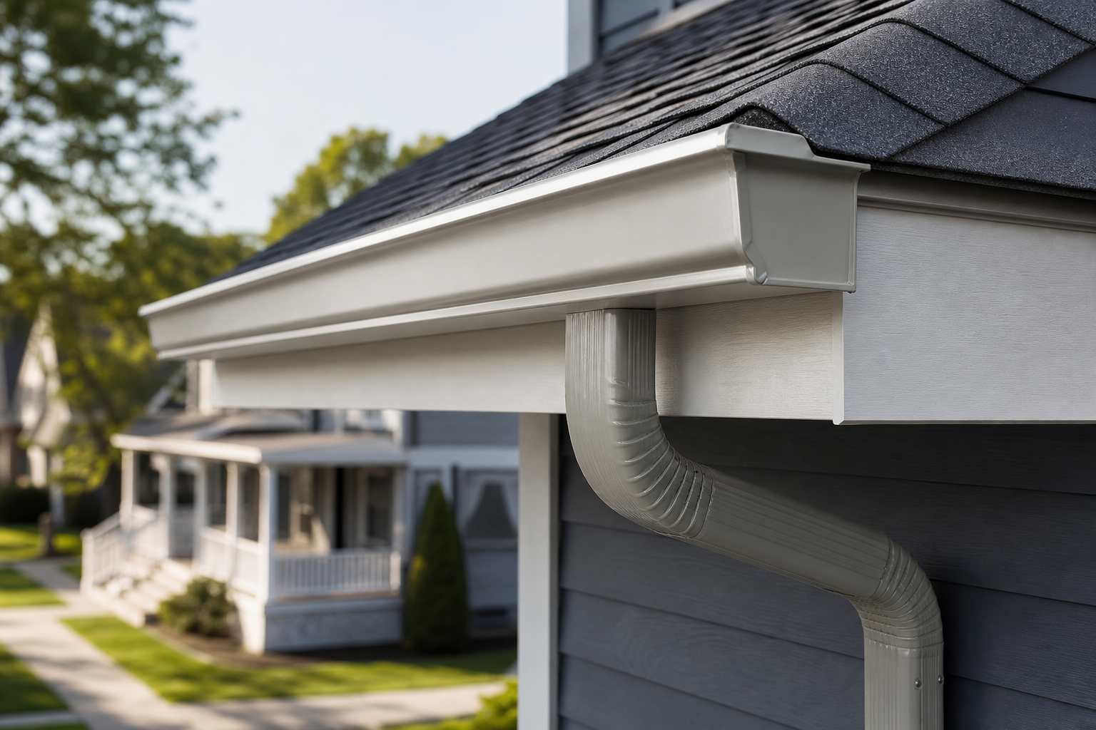 What Makes Urban Seamless Gutters Different — close-up of aluminum seamless gutter profile mounted on fascia board, visible downspout elbow, suburban Albany neighborhood in soft background