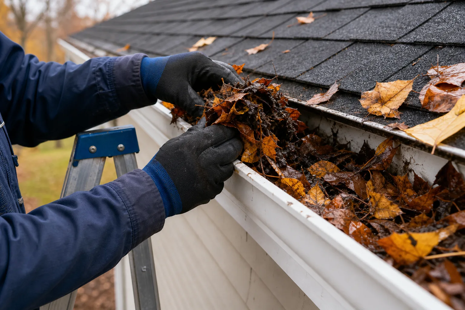 Gutter Protection Solutions for Rochester Fall Weather — close-up of gloved hands scooping wet compacted leaves and debris from a clogged aluminum gutter channel, bright orange and brown leaf mass visible, white fascia board and gutter exterior in frame, stepladder side rail at edge of shot