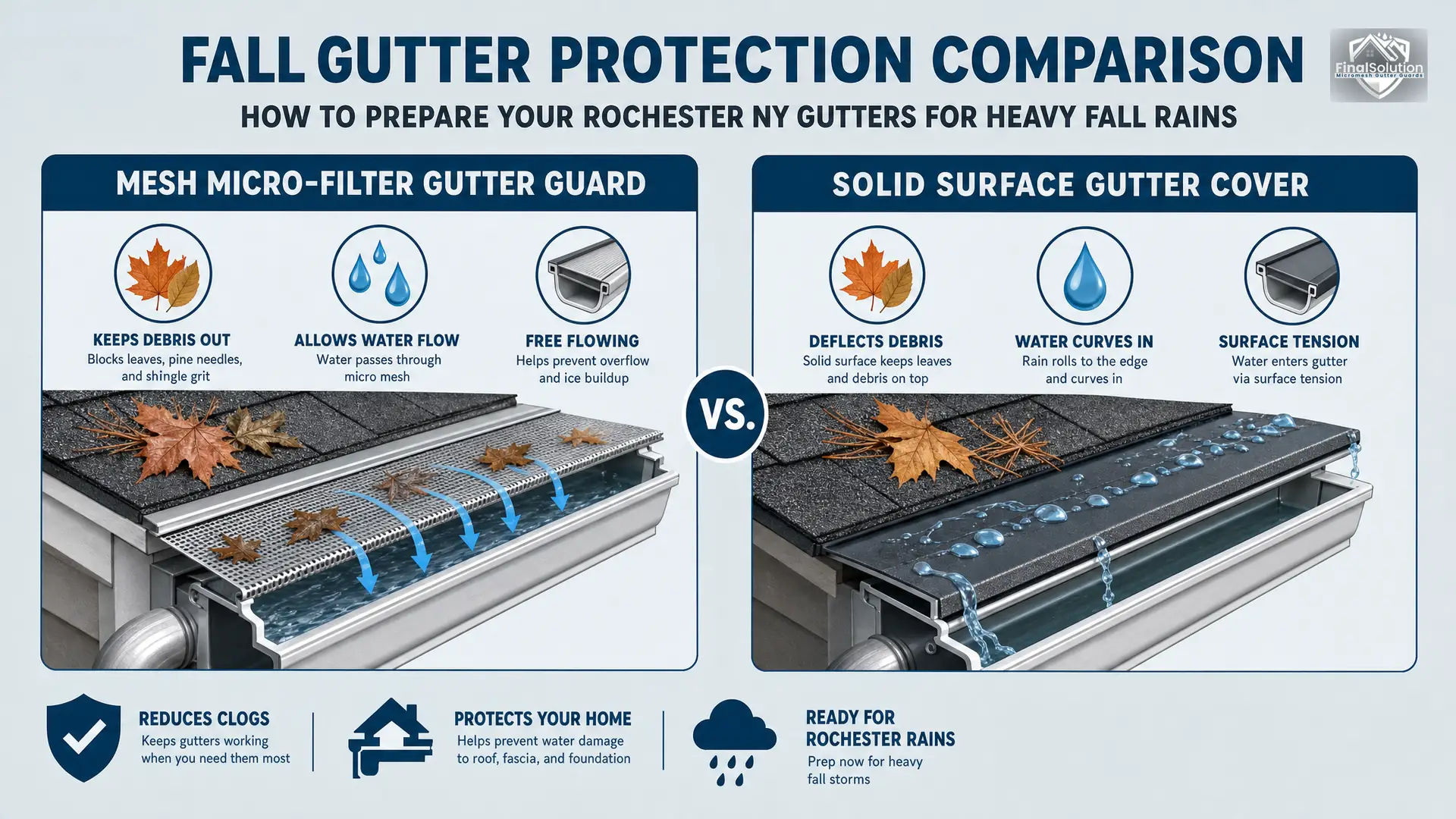 infographic: fall gutter protection comparison — two-column diagram showing mesh micro-filter gutter guard on left labeled