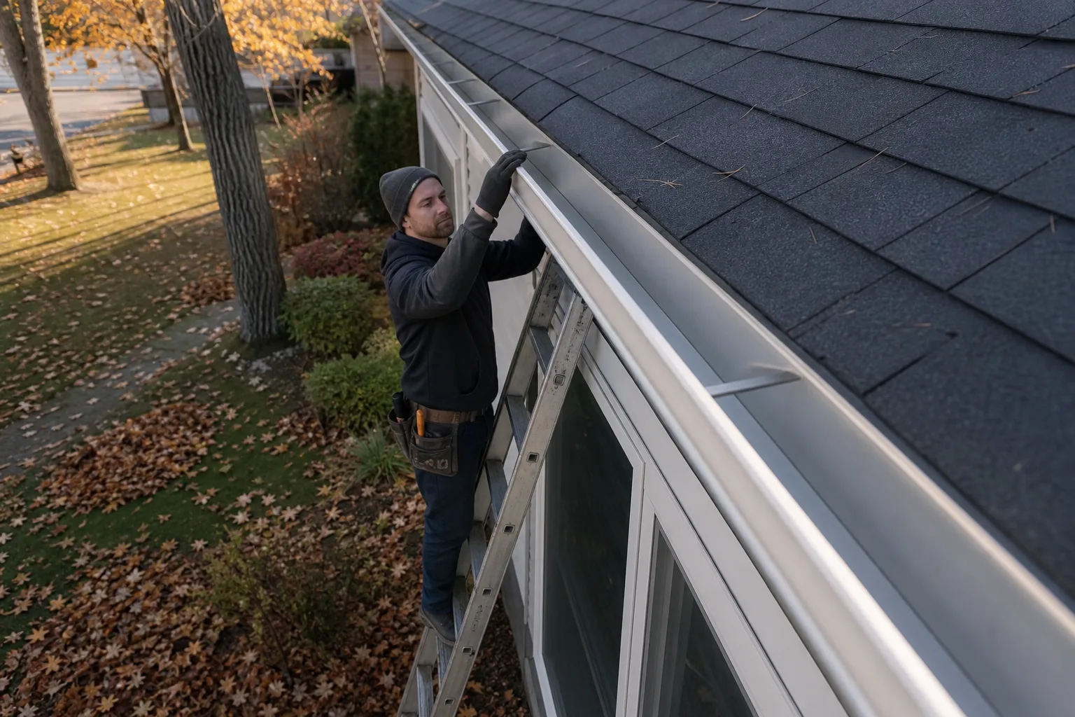 Why Fall Gutter Maintenance Matters in Rochester's Climate — staged aerial view of a suburban home roofline with clean empty aluminum gutters and freshly cleared downspout outlets, autumn leaves on the surrounding lawn raked into piles, no debris in gutter channel visible, late-afternoon light