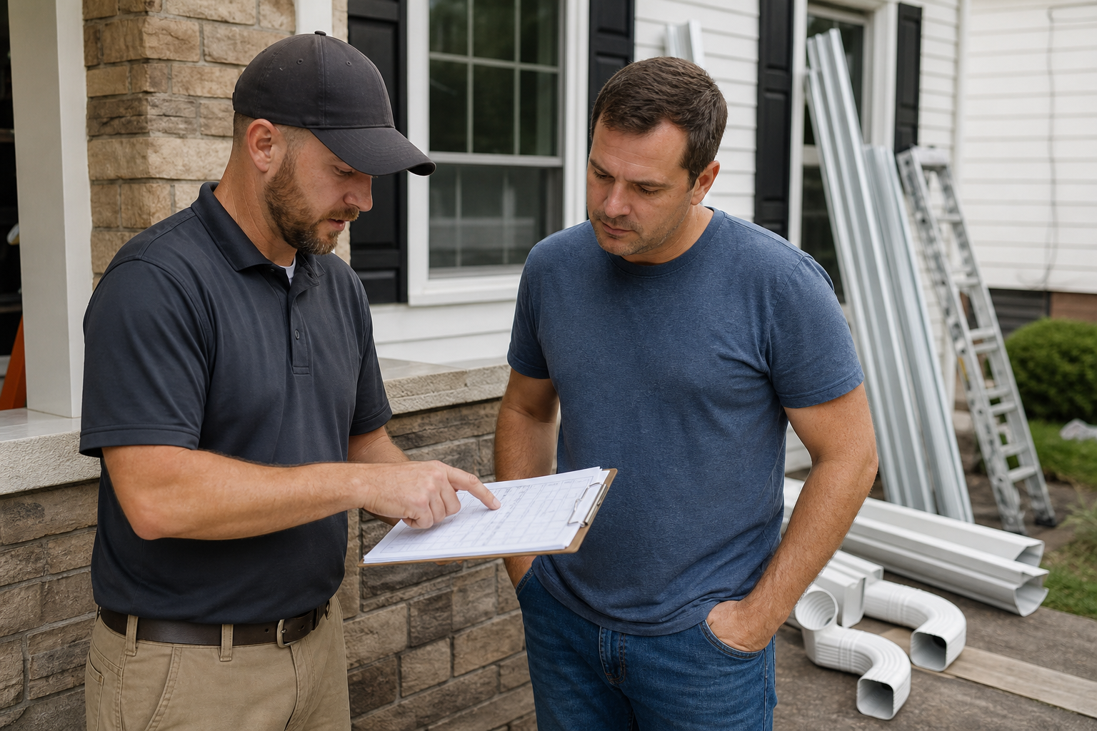Pricing and Budget Planning for Gutter Installation — gutter installation contractor reviewing itemized estimate clipboard with homeowner on front porch, aluminum gutter sections and downspout components visible in background